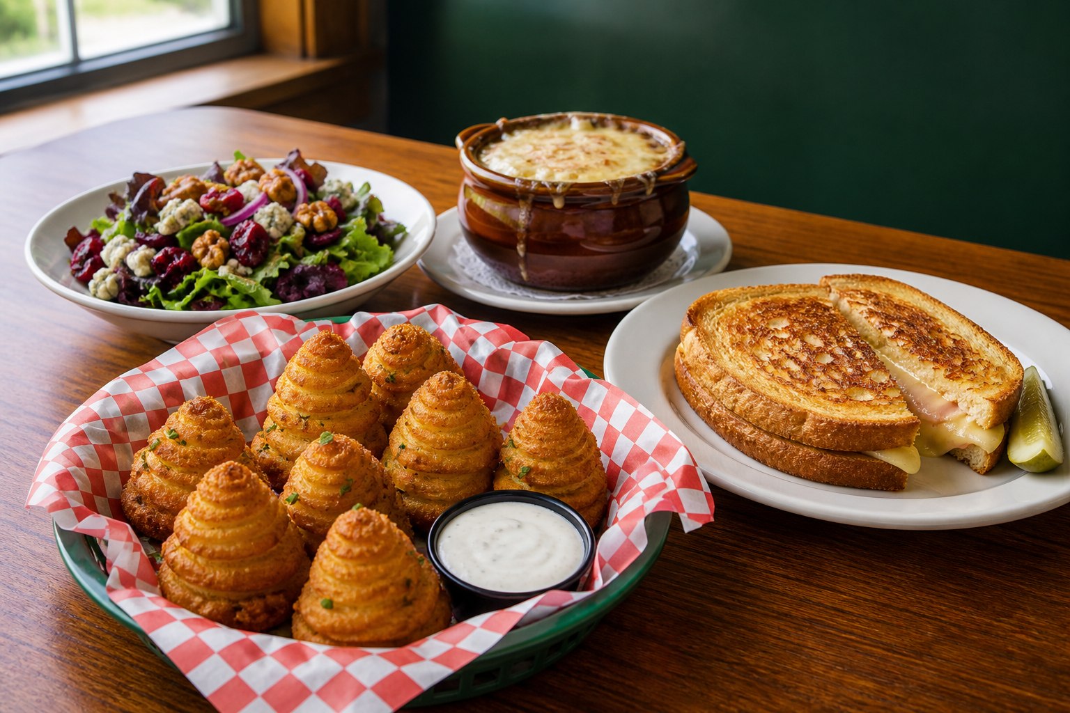 Bee Hive Potatoes, salad walnut cranberry, French onion soup, dan sandwich panggang